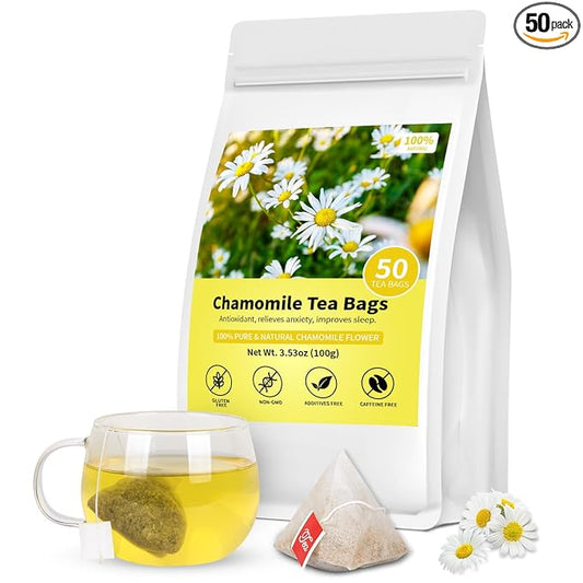 Chamomile Tea Bags, 100% Pure Natural Chamomile Flower Herbal Tea for Relaxation, Caffeine Free, Non-GMO, Additives Free