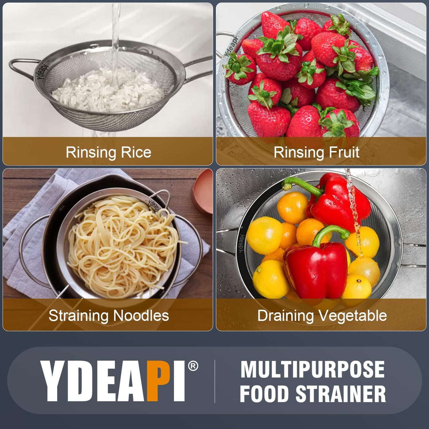 Ydeapi Fine Mesh Strainer, Stainless Steel Strainers with Sturdy Handle, Set of 3 Metal Sieve for Kitchen Food, Rice, Quinoa, Tea - 7", 4.6", 2.7"