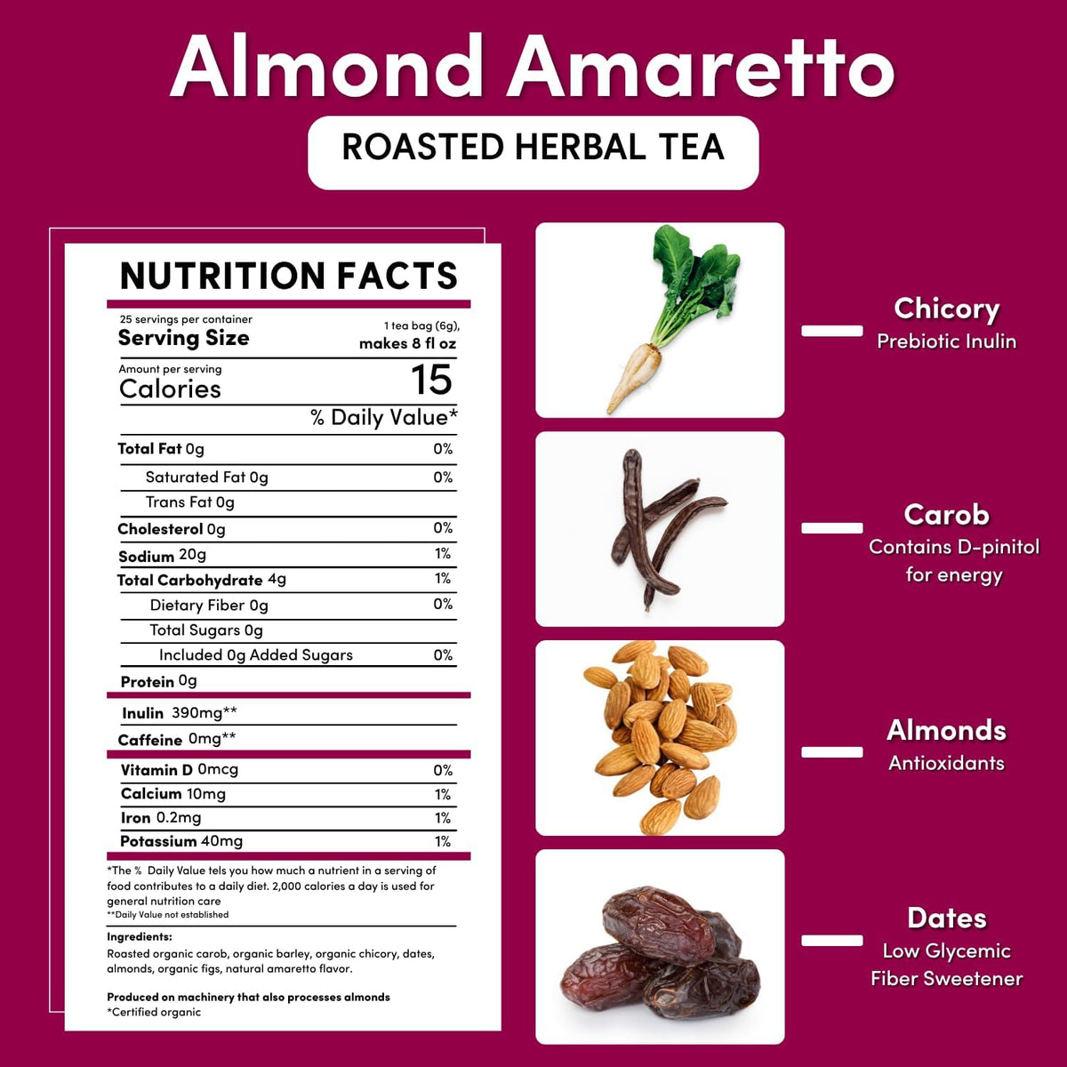 Teeccino Herbal Tea - Almond Amaretto - Rich & Roasted Herbal Tea That's Caffeine Free & Prebiotic for Natural Energy