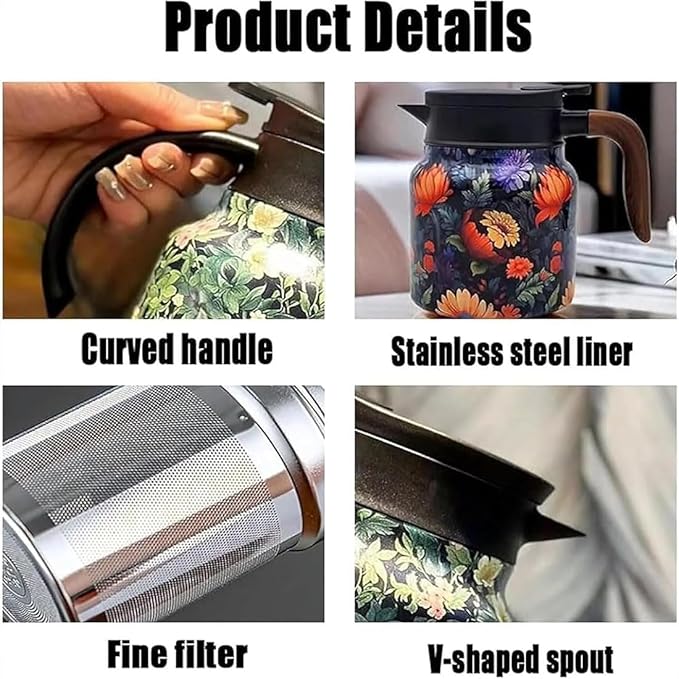 Vintage Floral Pattern Teapot – Built-In Infuser, 800ML/1000ML Heatproof Stainless Steel Teapot with Lid for Hot Drinks (Orange, 1000ml-Plastic handle)