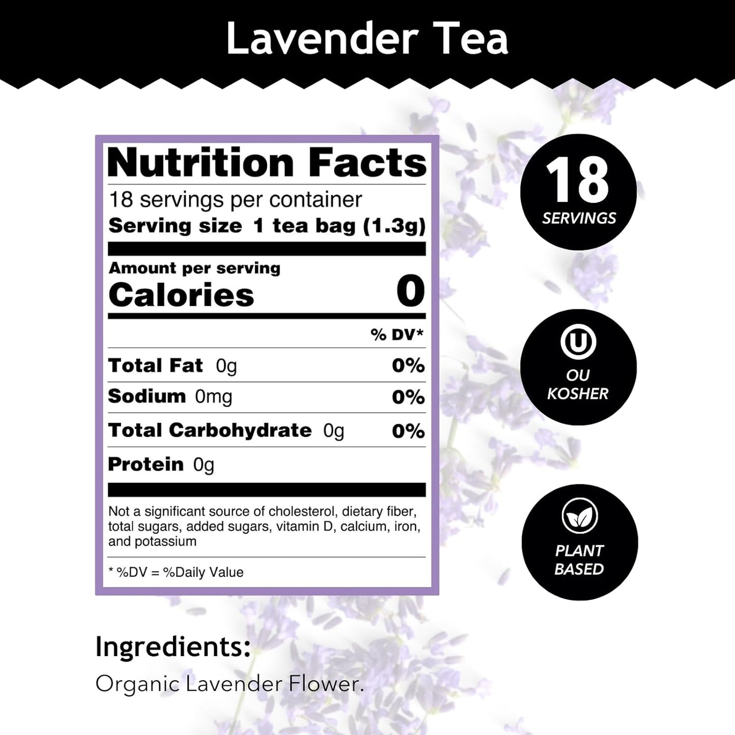 Buddha Teas Organic Lavender Tea - OU Kosher, USDA Organic, CCOF, 18 Bleach-Free Tea Bags