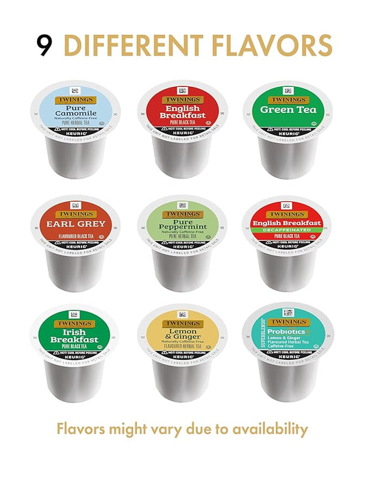 Twinings Tea K Cup Pod Sampler Variety Box (12 Count) 9 Flavors for Keurig Single Serve Brewers, Contains Black, Green, Herbal and Decaffeinated Teas for Tea Lovers