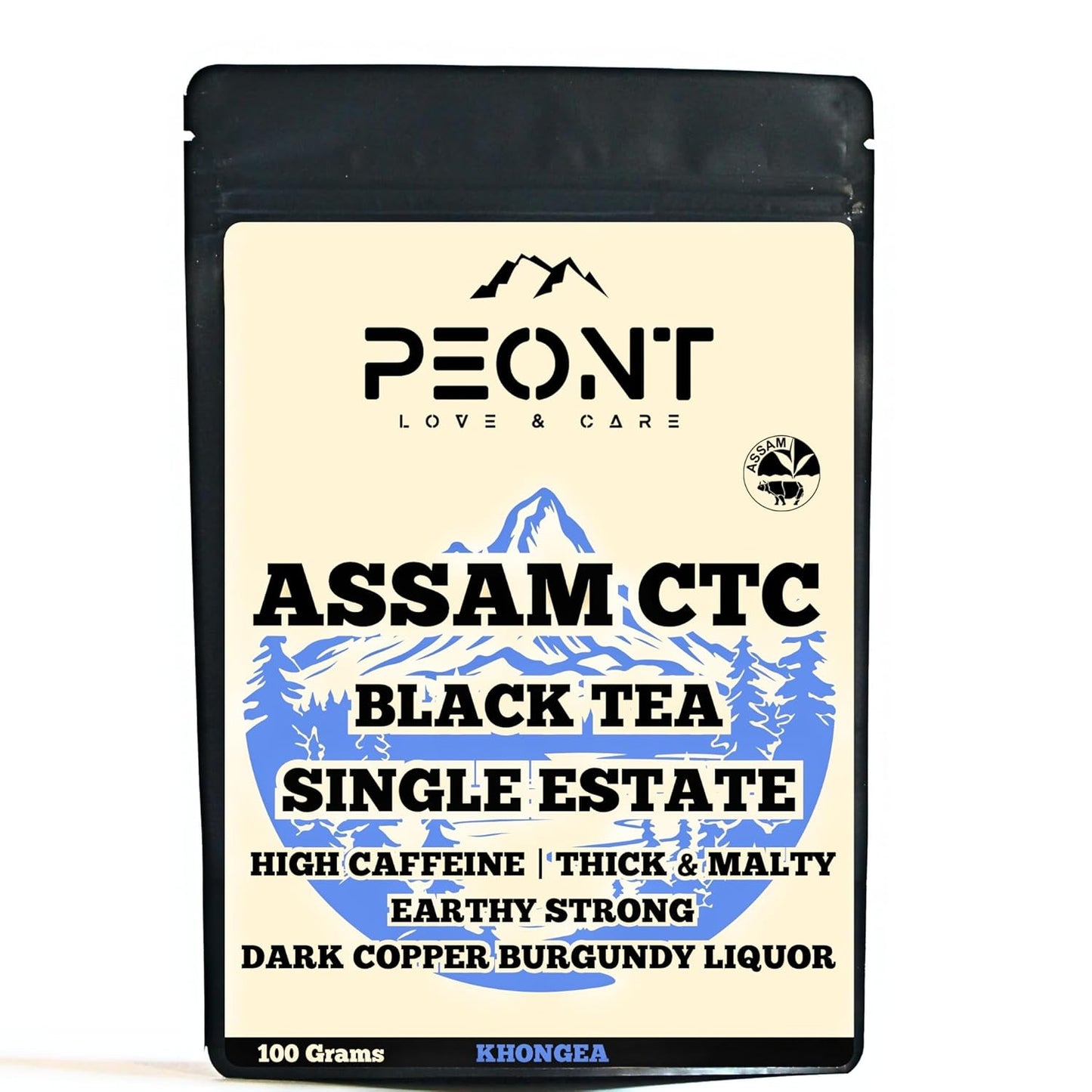 Peont Assam CTC Black Tea, Single Estate, High Caffeine, Robust Malty Flavor, 100g