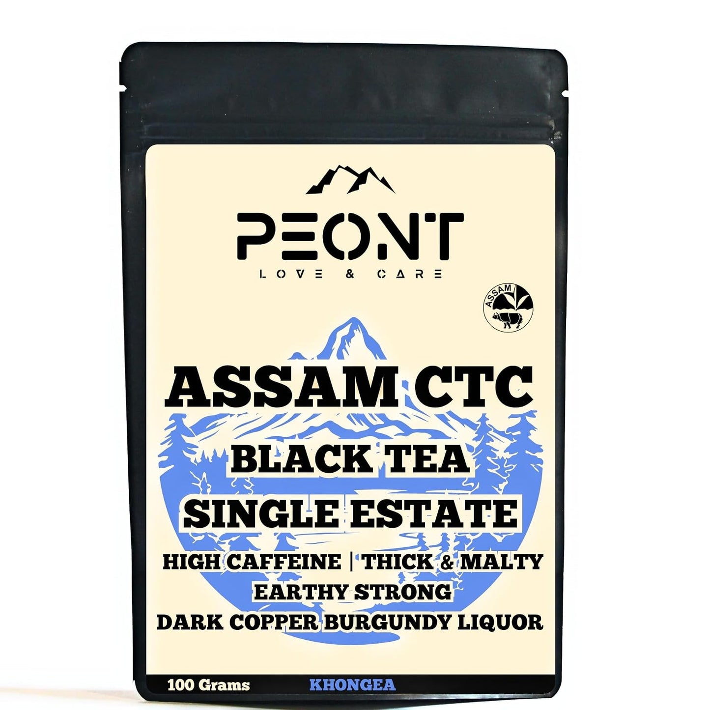 Peont Assam CTC Black Tea, Single Estate, High Caffeine, Robust Malty Flavor, 100g