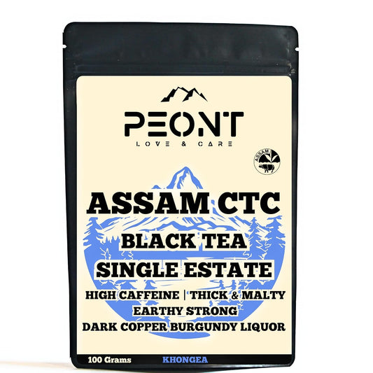 Peont Assam CTC Black Tea, Single Estate, High Caffeine, Robust Malty Flavor, 100g