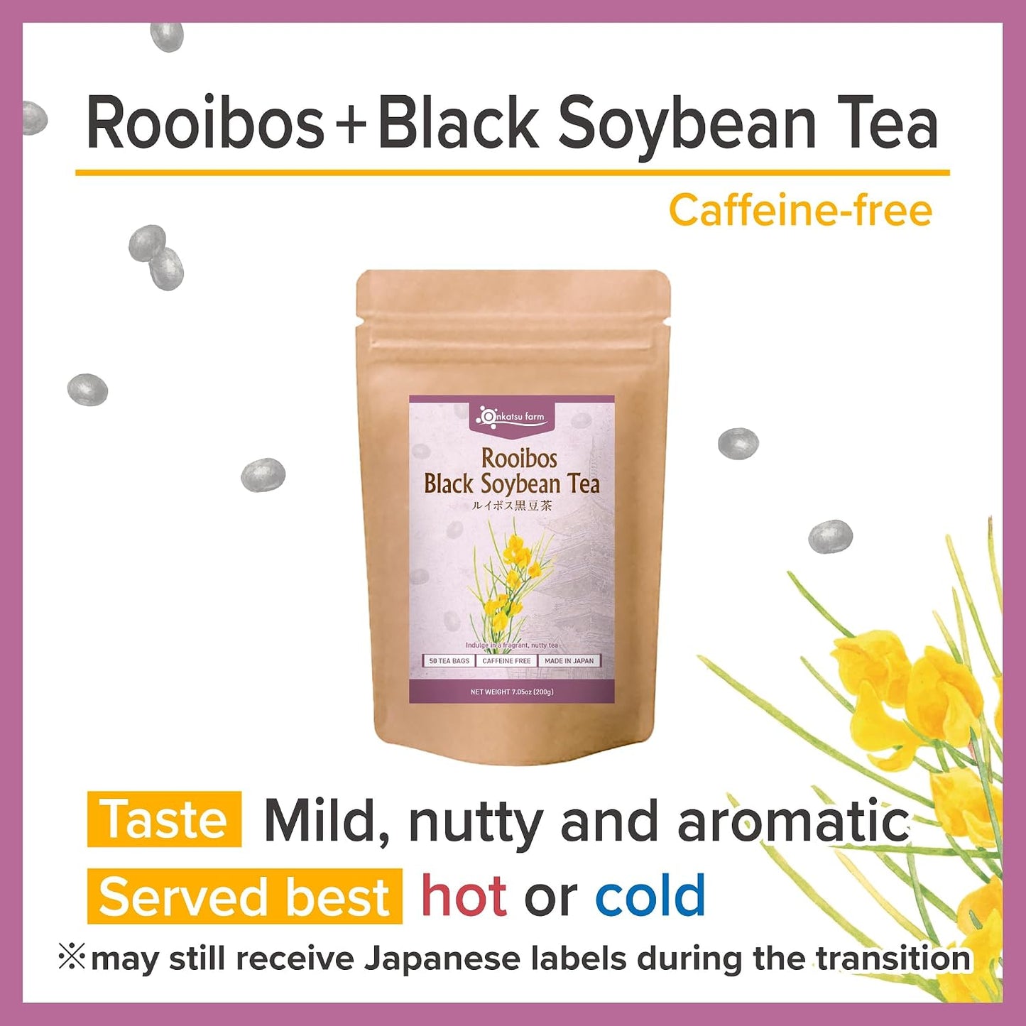 Onkatsu Farm Rooibos and Black Soybean Blend Premium Japanese Tea Bags, Rich Aromatic Nutty Flavor Hot or Iced No Caffeine 50 Count Tea Bags