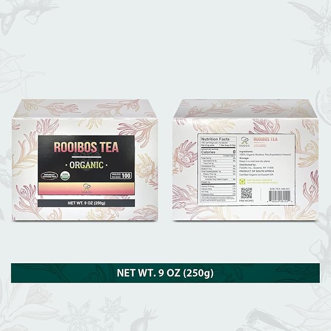 Soeos Organic Rooibos Tea, 9oz (250g), 100 Tagless Tea Bag, Naturally Caffeine Free, USDA Organic.