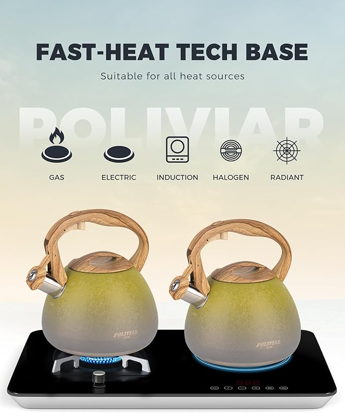 Poliviar Tea Kettle, 2.7 Quart Stovetop Tea Kettle, Audible Whistling Teapot with Crackle Finish, Food Grade Stainless Steel for Anti-Rust
