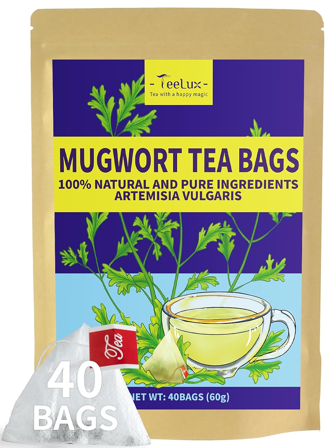 TeeLux Mugwort Tea Bags, Corn Fiber Pyramid Tea Bags, Caffeine Free, 40 ct
