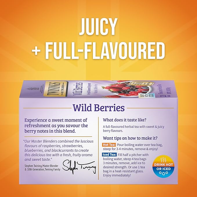Twinings Wild Berries Herbal Tea Individually Wrapped Bags, 20 Count (Pack of 2), Full-Flavoured, Naturally Caffeine-Free, Enjoy Hot or Iced