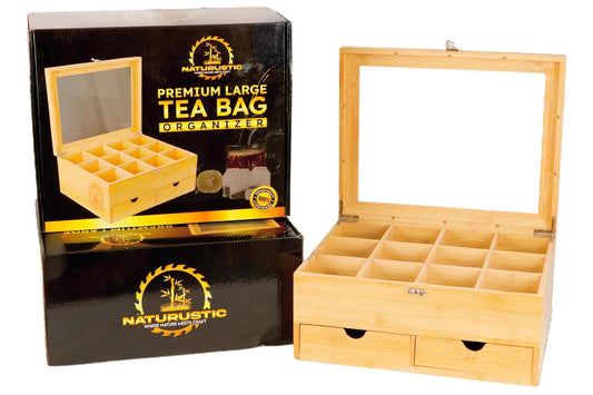 Naturustic Large Bamboo Tea Bag Box Organizer Storage Box, Tea Bag Holder with 2 Drawers & 12 compartments with acrylic Window, Caja de te