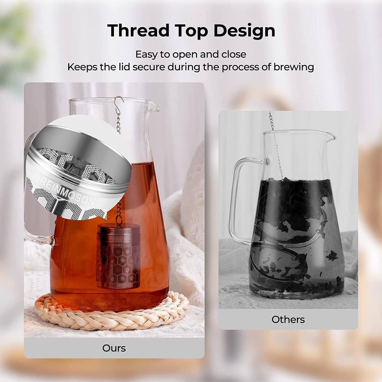 2 Pack Reinmoson 304 Stainless Steel Tea Strainers for Loose Tea 1.5”x2.2” | Extra Fine Mesh Tea Infuser for Loose Leaf Tea Steeper, Updated Slim Threaded Lid Tea Ball for Cup, Mug, Teapot, Kettle