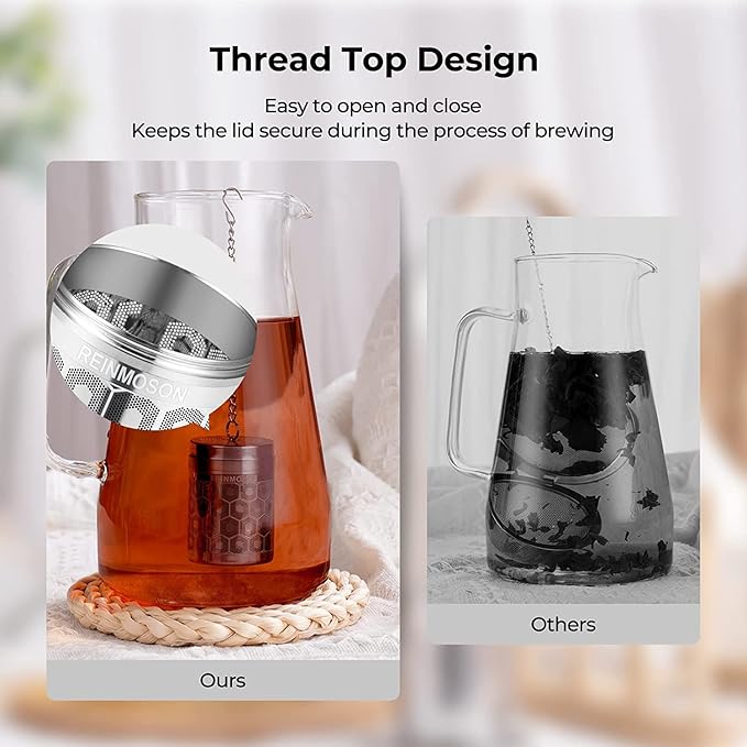 2 Pack Reinmoson Tea Strainers for Loose Tea, Extra Fine Mesh Tea Infuser, 304 Stainless Steel & Updated Slim Threaded Lid