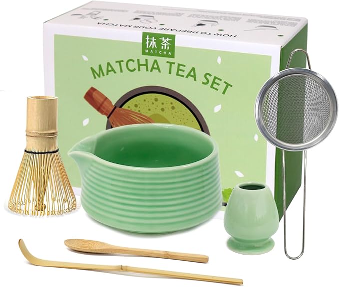 Matcha Whisk Set, 6 Pcs Matcha Set Includes Matcha Bowl with Spout, Matcha Whisk (Chasen), Matcha Whisk Holder, Sifter, Bamboo Spoon & Scoop