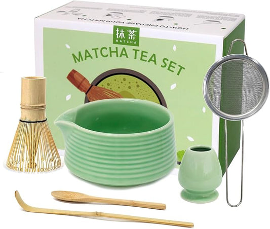 Matcha Whisk Set, 6 Pcs Matcha Set Includes Matcha Bowl with Spout, Matcha Whisk (Chasen), Matcha Whisk Holder, Sifter, Bamboo Spoon & Scoop