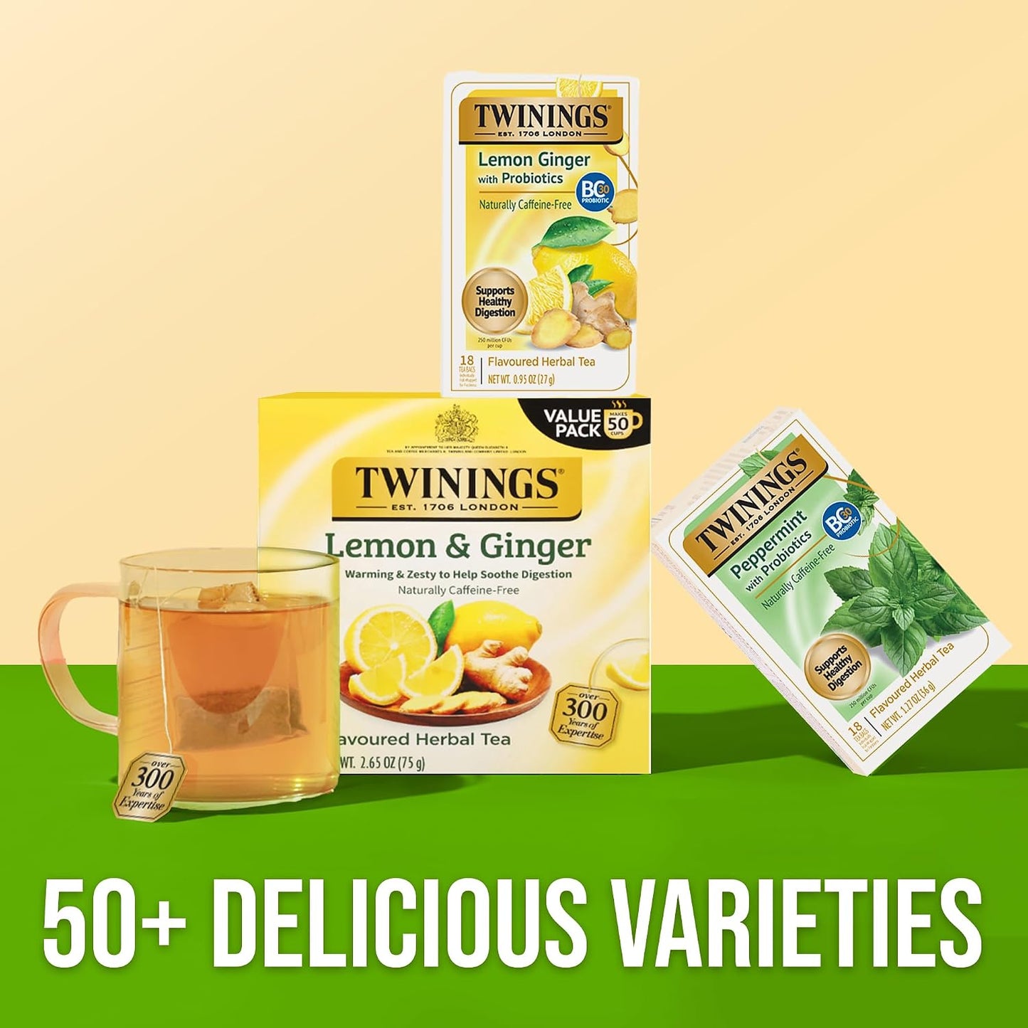 Twinings Lemon &amp; Ginger with Probiotics Herbal Tea Bags 18 CT Box (6 Pack)