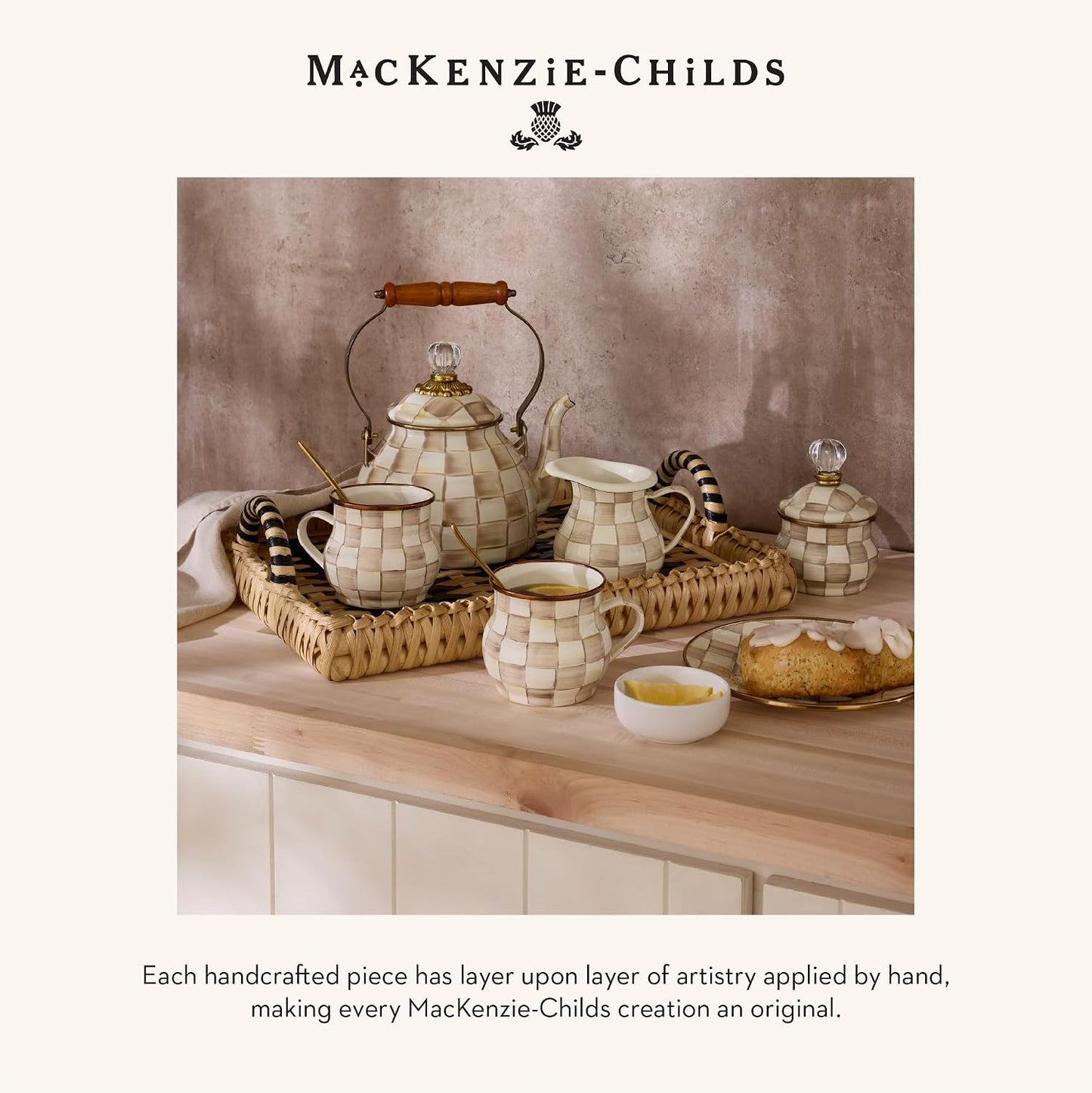 MACKENZIE-CHILDS Enamel Teapot, 4 Cups, Brown-and-White Mocha Check | Hand-painted design, small teapot with lid for steeping and serving tea, 9" W x 7" H