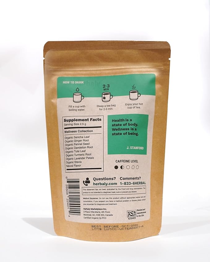 Herbaly Wellness Collection Organic Herbal Ginger Tea, 70 g, 28 Count Bag