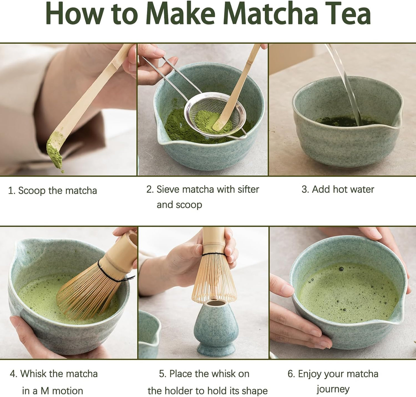 Ochcahser Matcha Set, Matcha Whisk Set Includes 17 oz Matcha Bowl | Matcha Holder, Bamboo Matcha Whisk and Scoop, Sifter, 5 Pce Mottled Blue Glaze Ceramic Matcha Kit for Tea Lovers.