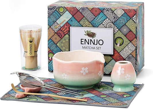 Cherry Blossom Matcha Whisk Set, 7 Pcs Matcha Kit with Ceramic Matcha Bowl with Spout, Bamboo Matcha Whisk And Scoop, Stainless Steel Sifter, Ceramic Holder, Rest And Tea Towel