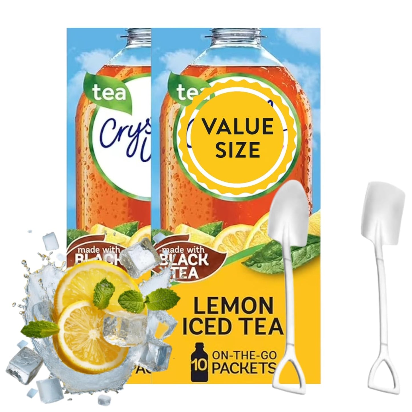 Lemon Iced Tea On The Go Drink Mix - Two (2) Pack of 10pck/0.13oz Pouches - Sugar-Free, Low-Calorie Refreshment Anytime, Anywhere and Candy Freezer Mini Metal Shovel Spoons (2 Pack, Lemon Iced Tea) Shovel Spoon