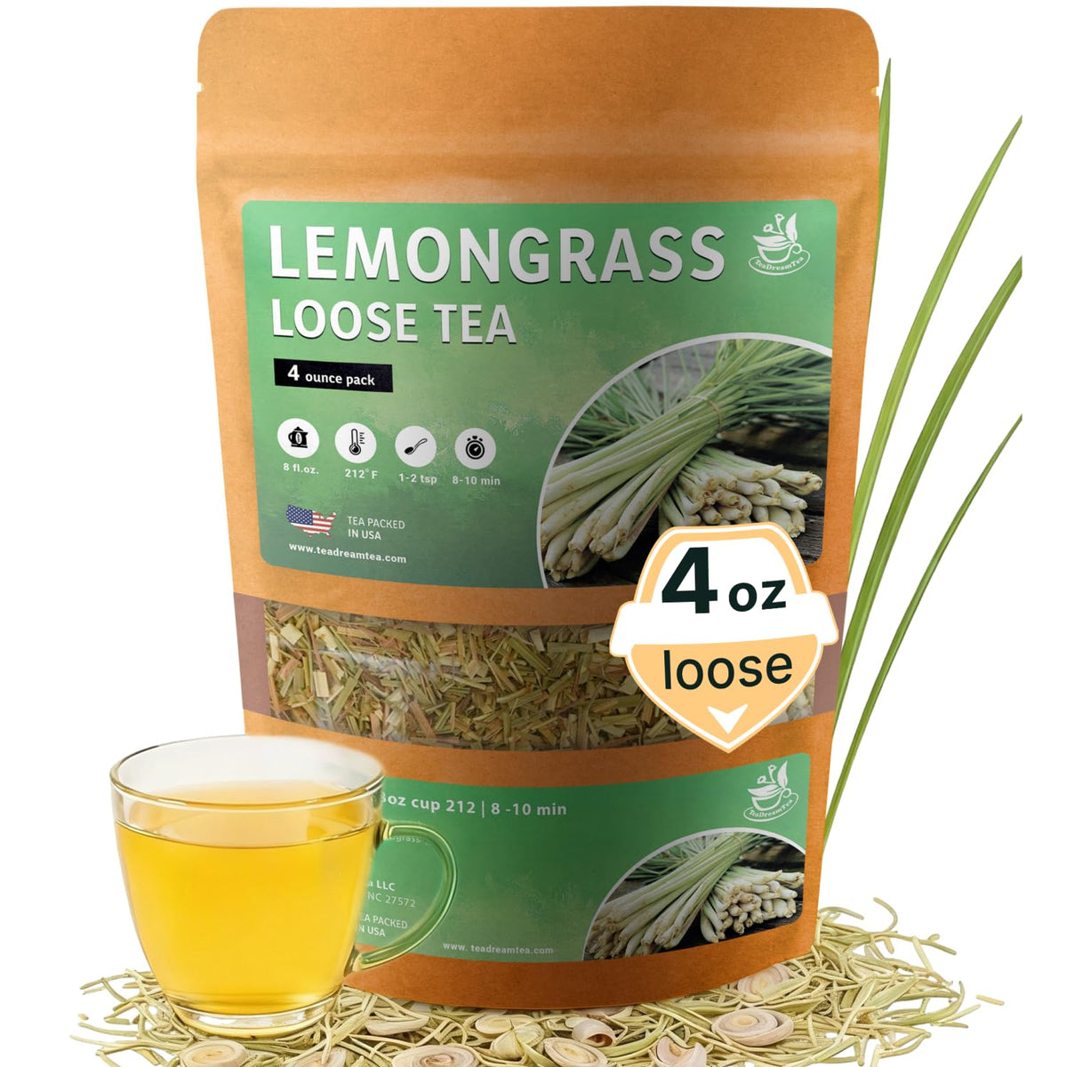 Lemongrass Leaf Loose Tea – 4oz Size (Premium Dried Lemongras Loose Leaf Tea - 4 oz), Natural Extract Caffeine-Free Herbal Tea for Relaxation, Wallness with Smooth Taste