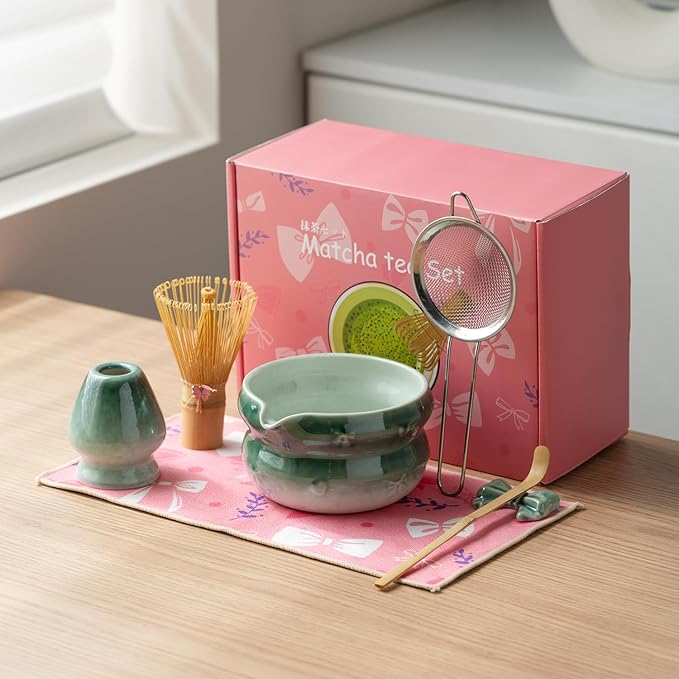 Matcha Kit 7-Pcs matcha whisk set, Measuring Spoon, Japanese Tea Making Tools,Cha, tea bowl, pink ma