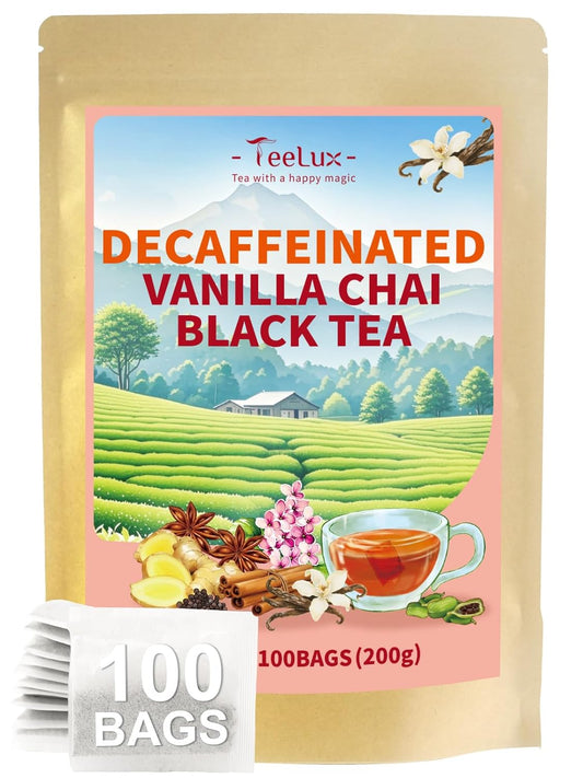 TeeLux Decaf Vanilla Chai Tea Bags, Spiced Black Tea Blend, 100 Count | Smooth Decaffeinated Black Tea with Cinnamon, Ginger, Cardamom &amp; Natural Vanilla Flavor, Enjoy Hot or Iced
