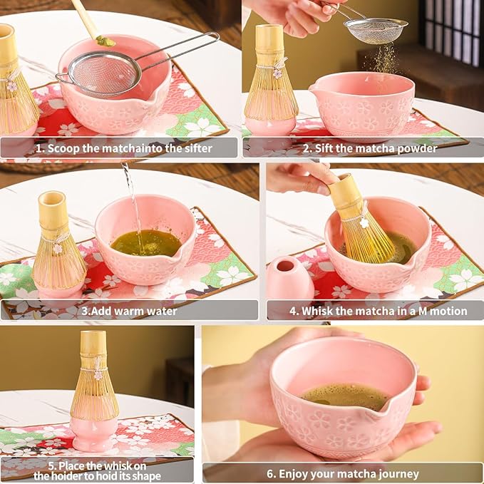8-Piece Matcha Ceremony Set - Tea Kit with Cherry Blossom Bowl, Bamboo Whisk, Wood Scoops, Tea Cloth & Floral Display