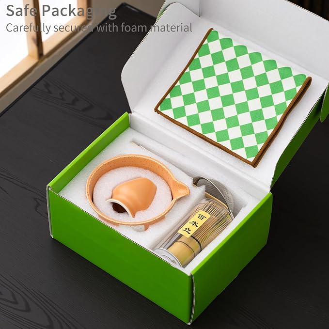 Premium 7-Piece Matcha Tea Set – Traditional Japanese Style with Elegant Grid Pattern, Includes Bamboo Whisk, Ceramic Bowl, Scoop & More