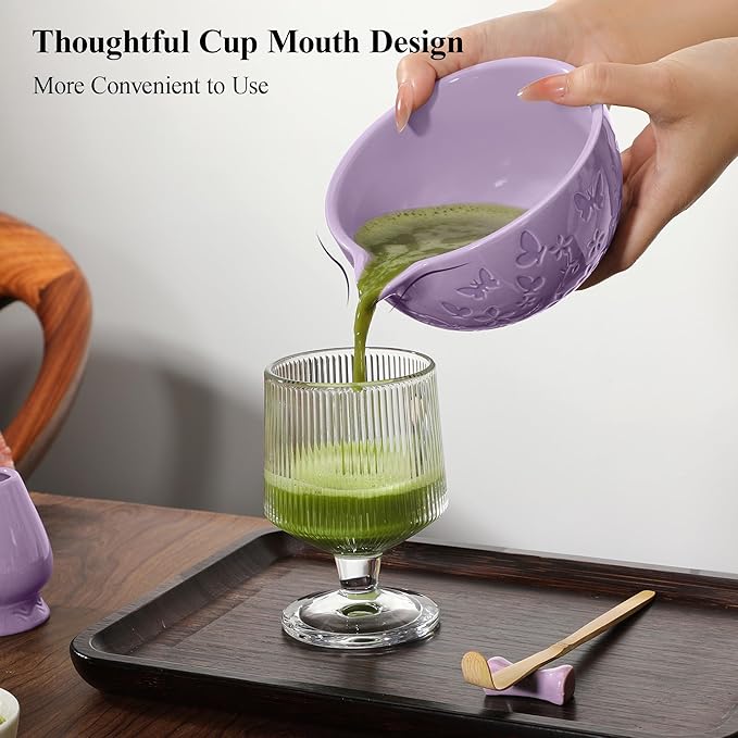 Matcha Whisk Ceramic Matcha Whisk Set Bamboo Whisk, Bowl With Spout, Powder Starter Sifter, Ceramic Whisk Holder, Tea Towel, Scoop and Scoop Rest for Matcha Tea Ceremony Purple