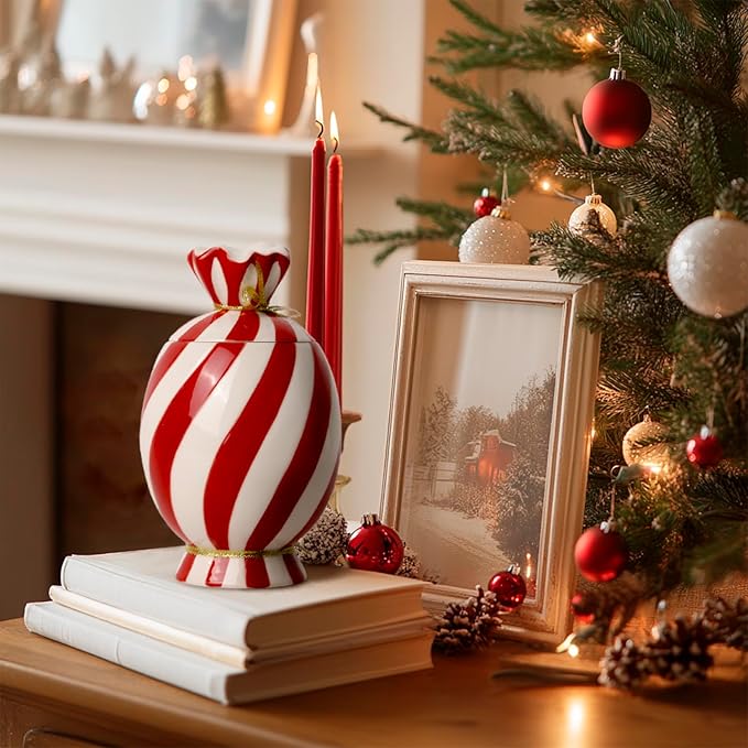 Christmas Ceramic Food Storage Jars with Lid, 24.7 OZ Hand printed Xmas Candy Jar Coffee Cookie Container for Snacks, Sugar Containers, Tea, Spice, Cereal, Nut - 700ml