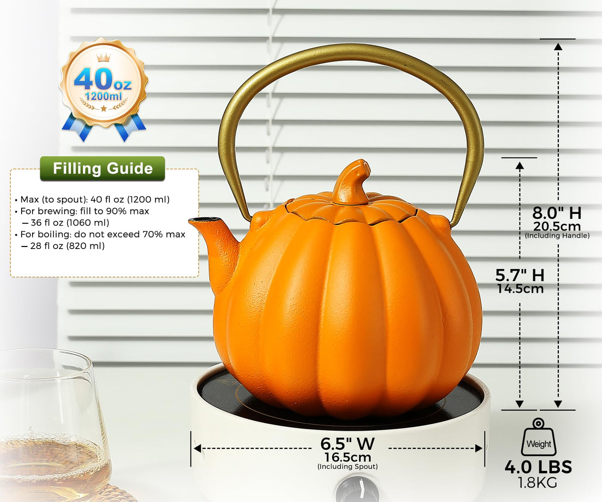 VICSKY Orange Pumpkin Cast Iron Teapot - Japanese Tetsubin Tea Kettle Stovetop Safe | Enameled Interior & Extended Infuser