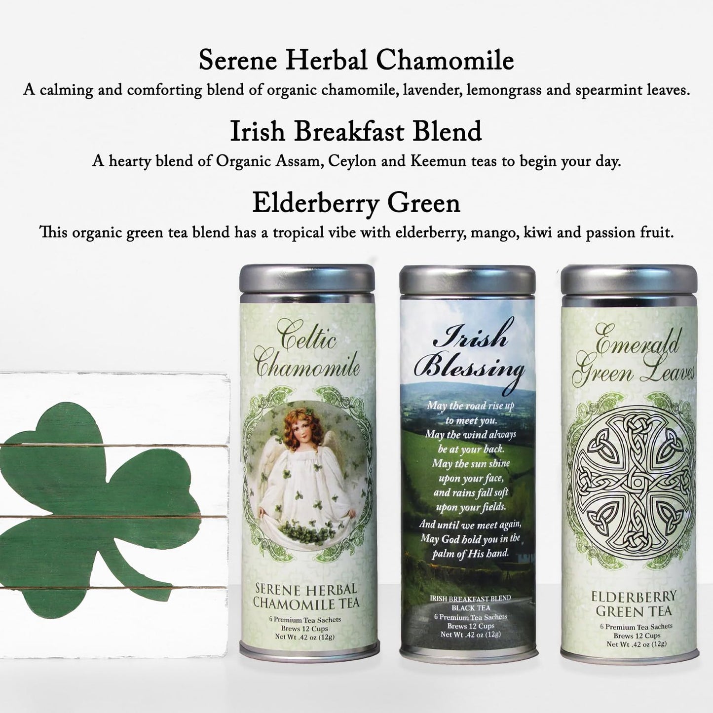 Irish Blessings Tea Gift Basket by La Tea Dah, Full Size Assortment with Irish Breakfast, Herbal Chamomile, & Green Elderberry Teas, Catholic Gifts Women (18 Sachets)