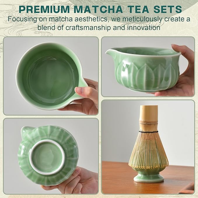 ZentButCool Matcha Set Includes Ceramic Matcha Bowl, Bamboo Whisk (Chasen), Scoop, Stainless Steel Matcha Sifter, And Whisk Holder (Nature)