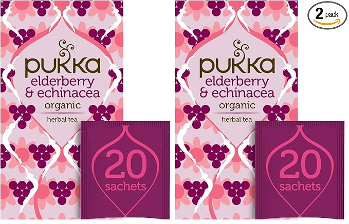 Pukka Elderberry & Echinacea Organic Herbal Tea, Perfect for Wellness Support, Caffeine Free, 20 Total Tea Bags (Pack of 2)