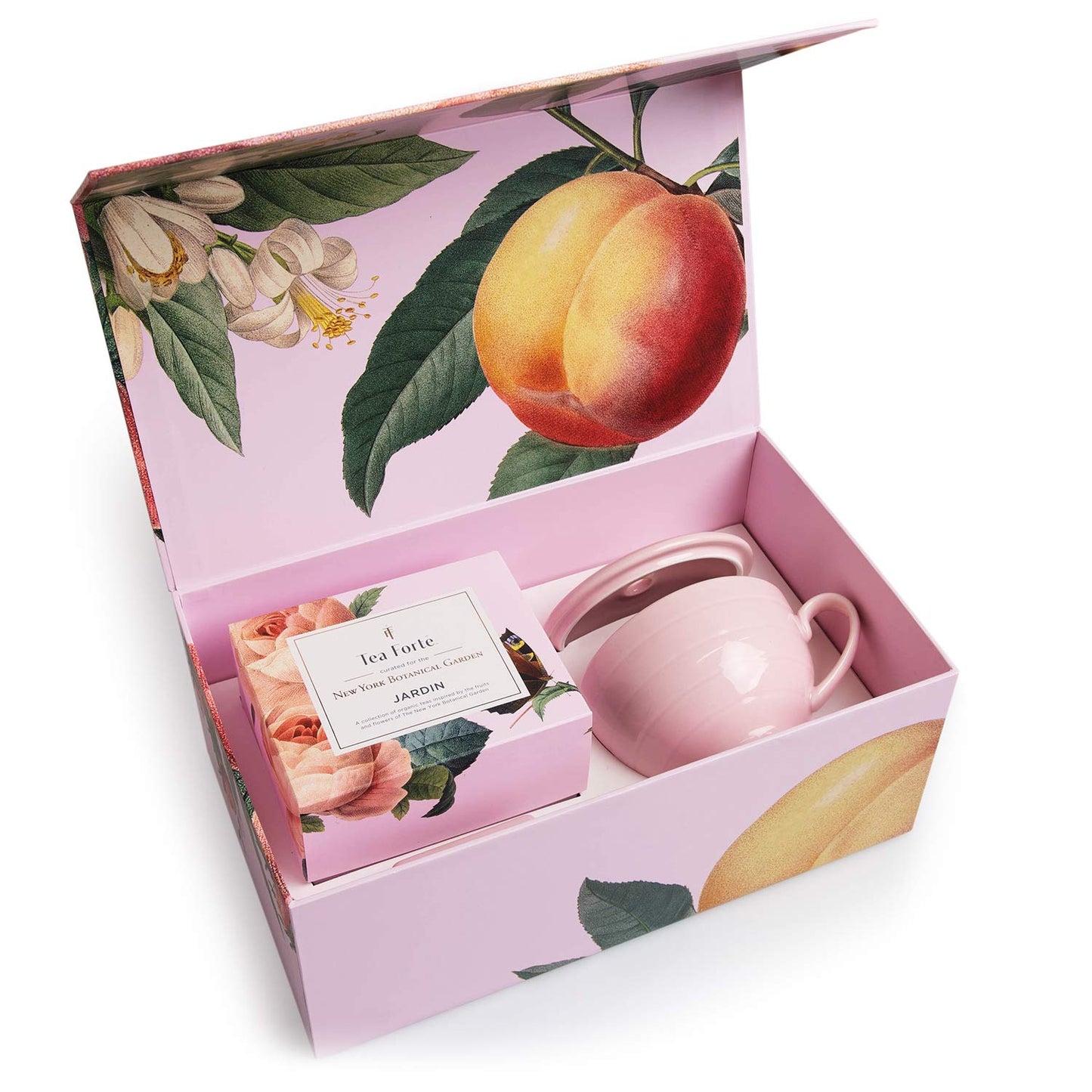 Tea Forte Café Cup Tea Gift Set, Jardin, 10 Pyramid Infusers | 8 oz Porcelain Tea Cup, Lid &amp; Tea Tray - 2 of Each Blend - Individually Wrapped - Giftable Presentation Box