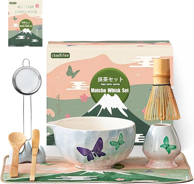 Clay&Fire Matcha Whisk Set，9 Pcs Ceramic Matcha Set, 15 OZ Matcha Bowl with Spout and Whisk，Matcha K