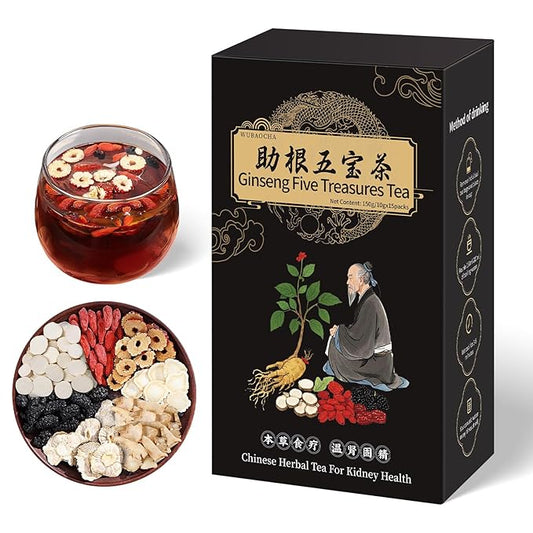 Ginseng Five Treasures Kidney Tea, Chinese Ginseng Six Treasure Tea Cleanse Detox TeaBags for Women and Men's Kidney Health