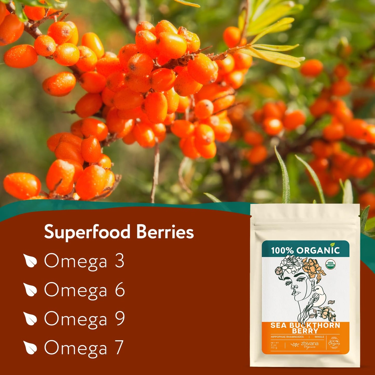 Organic Sea Buckthorn Berry 4oz. - Source of Omega 3,6,9,7 - Heart Support