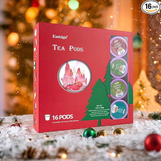Eastsign Tea K Cups, 16-Count Tea Variety Pack, 4 Flavors K Cup Tea Pods English Breakfast, Jasmine, Earl Grey, Green Tea, Gifts for Christmas