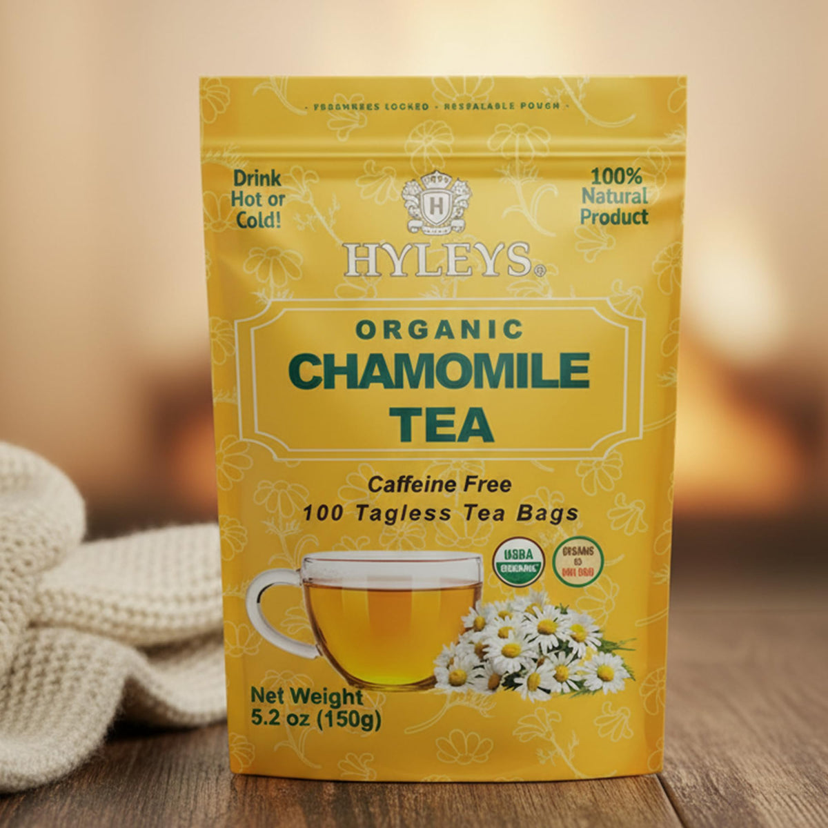 Hyleys Chamomile Tea Organic, Caffeine Free Herbal Tea, 100 Tea Bags