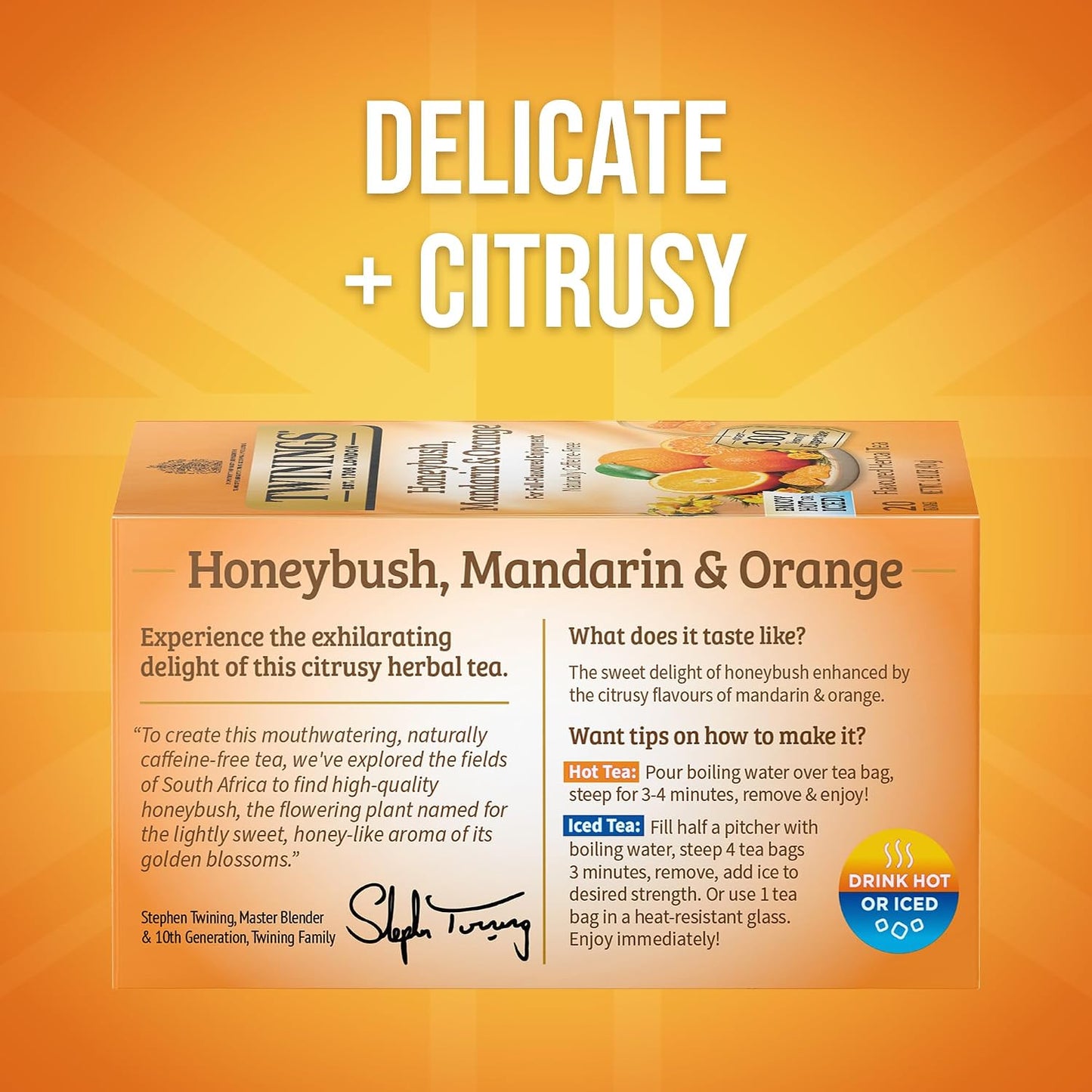 Twinings Honeybush, Mandarin &amp; Orange Herbal Tea Bags, 20 CT Box (6 Pack) | South African Honeybush Flavourful Citrus, Naturally Caffeine-Free, 120 Foil Lined Individually Wrapped Bags, Enjoy Hot/Iced