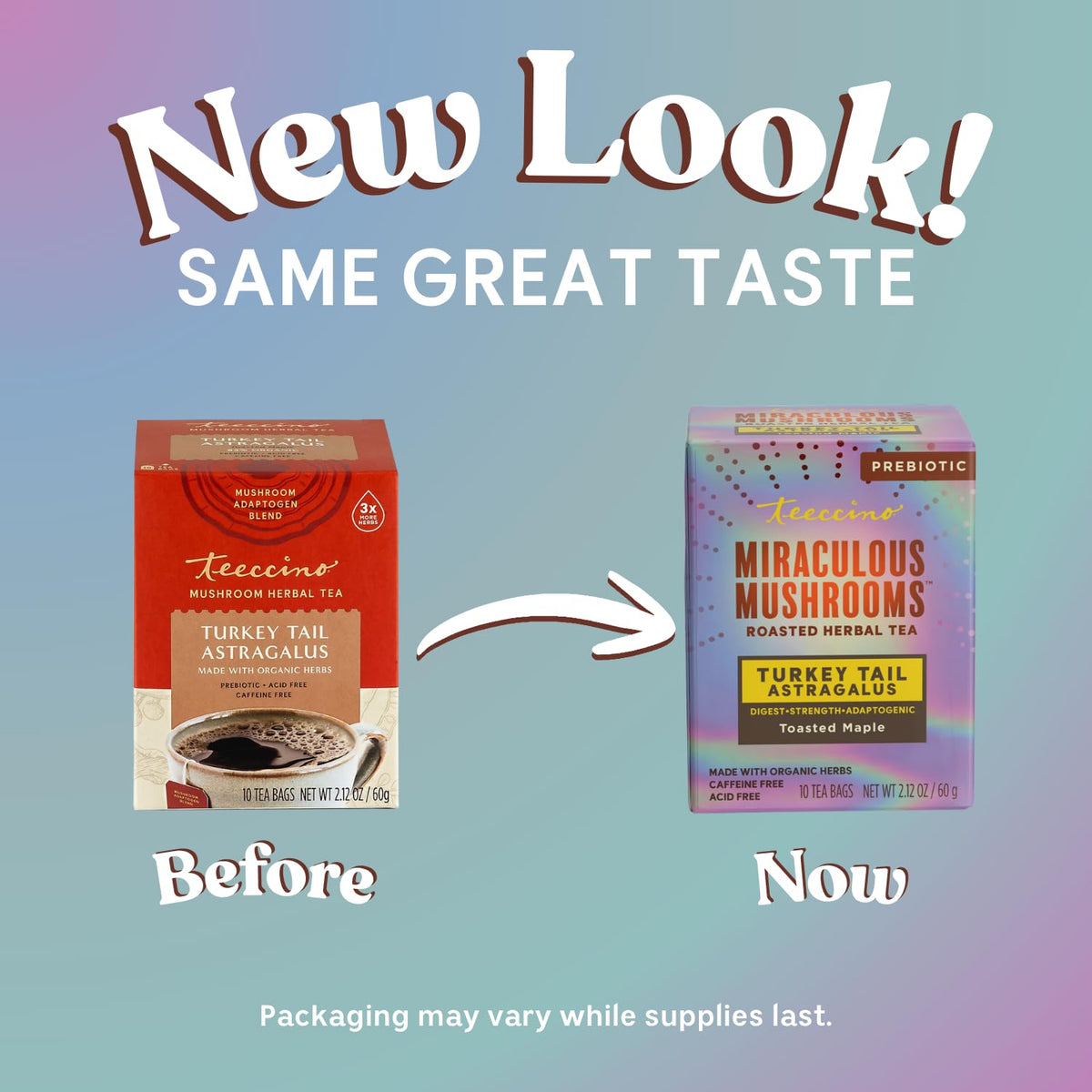 Teeccino Turkey Tail Astragalus - Toasted Maple - Caffeine Free Mushroom Adaptogenic Herbal Tea, 3x More Herbs than Regular