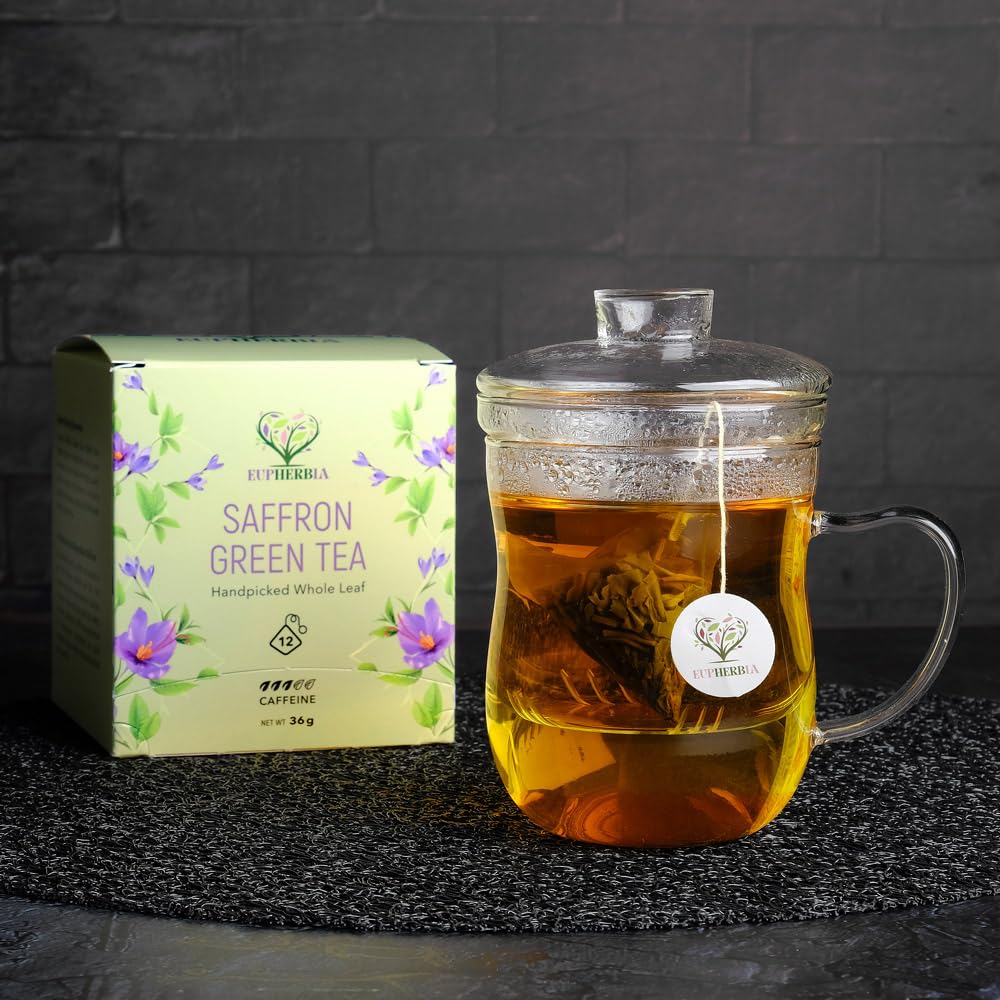 Eupherbia Saffron Green Tea, Handpicked, Highland Grown Whole Leaf Tea, Enriched with Premium Saffron Threads, Herbaceous, Grassy, Bittersweet, Individually Wrapped Tea Sachets (2 Pack)