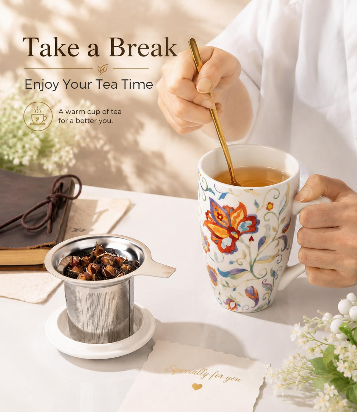 GBhome Tea Mug with Infuser and Lid,18 oz Loose Leaf Tea Cup with Steeper