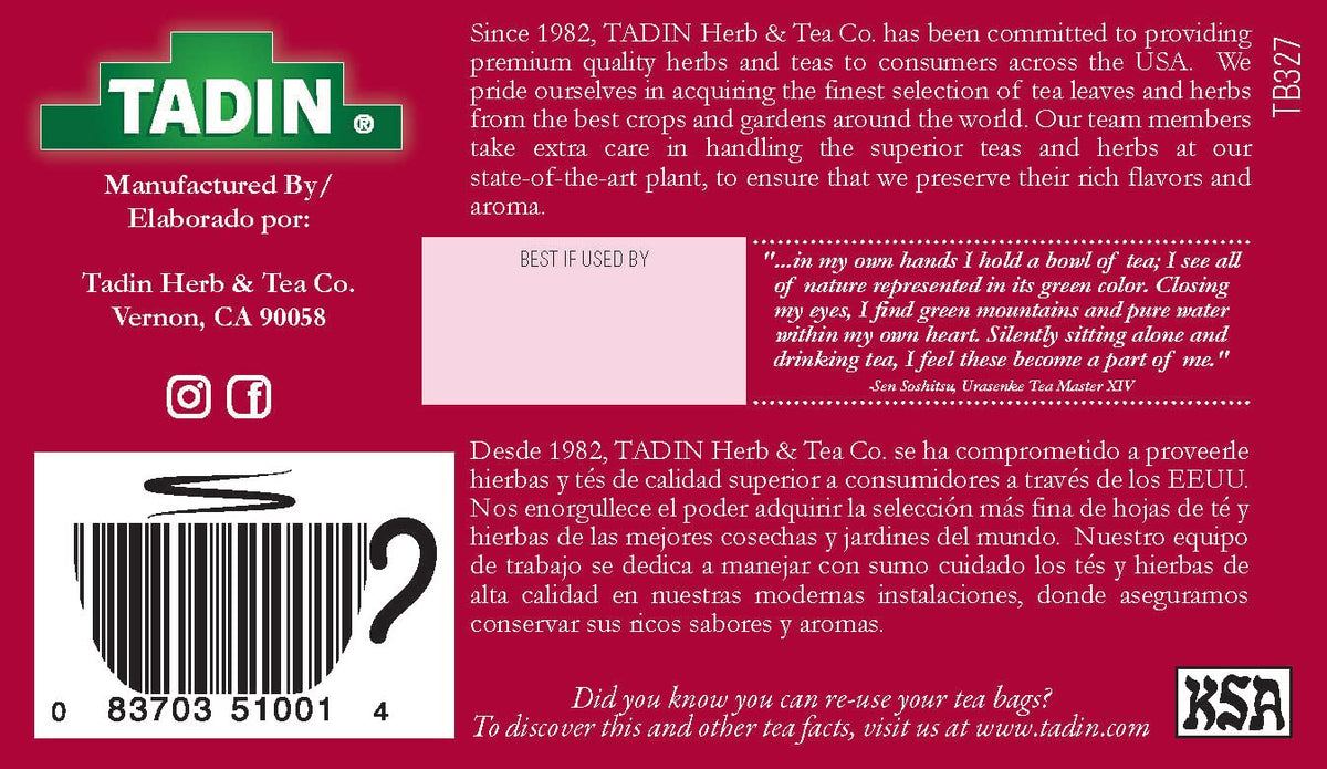 Tadin Damiana Tea, Herbal Tea, Caffeine Free, 24 Tea Bags Per Box, Pack of 6