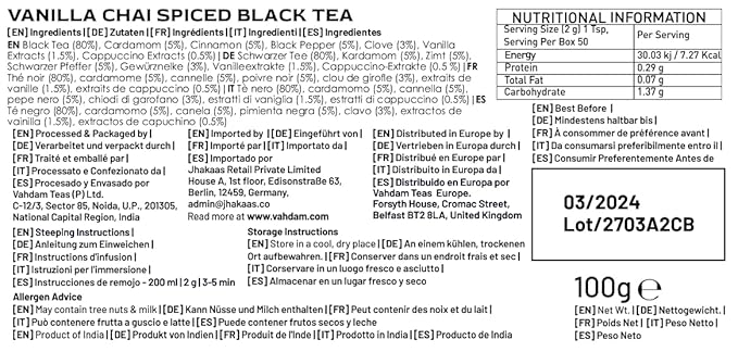 VAHDAM Vanilla Spiced Masala Chai | 3.53oz (50 Cups) Gluten Free Delicious Blend Of Vanilla & Masala Chai | Spiced Chai Tea Loose Leaf | Brew As Hot, Cold Or Iced Tea | Vacuum Sealed Pack