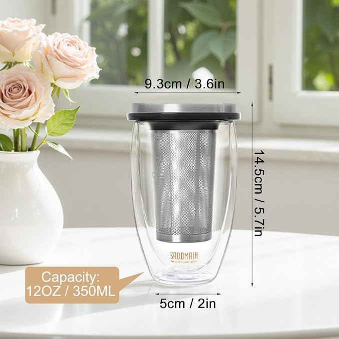 Glass Tea Cup with Infuser and Lid, Tea Infuser Mug in 12 OZ/350ML, Heat-Proof Double Wall Glass Tea Cup, 100% Plastic-Free Tea Mug with Lid and Strainer, Keeps Drinks Hot/Cold Longer Time