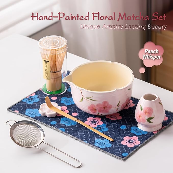 Matcha Whisk Set, 7Pcs Matcha Set with Hand-Painted Ceramic Matcha Bowl, Matcha Whisk and Holder, Scoop and Rest, Sifter, Tea Towel, Artisan Matcha Kit for Ceremony & Gifting (Pink)